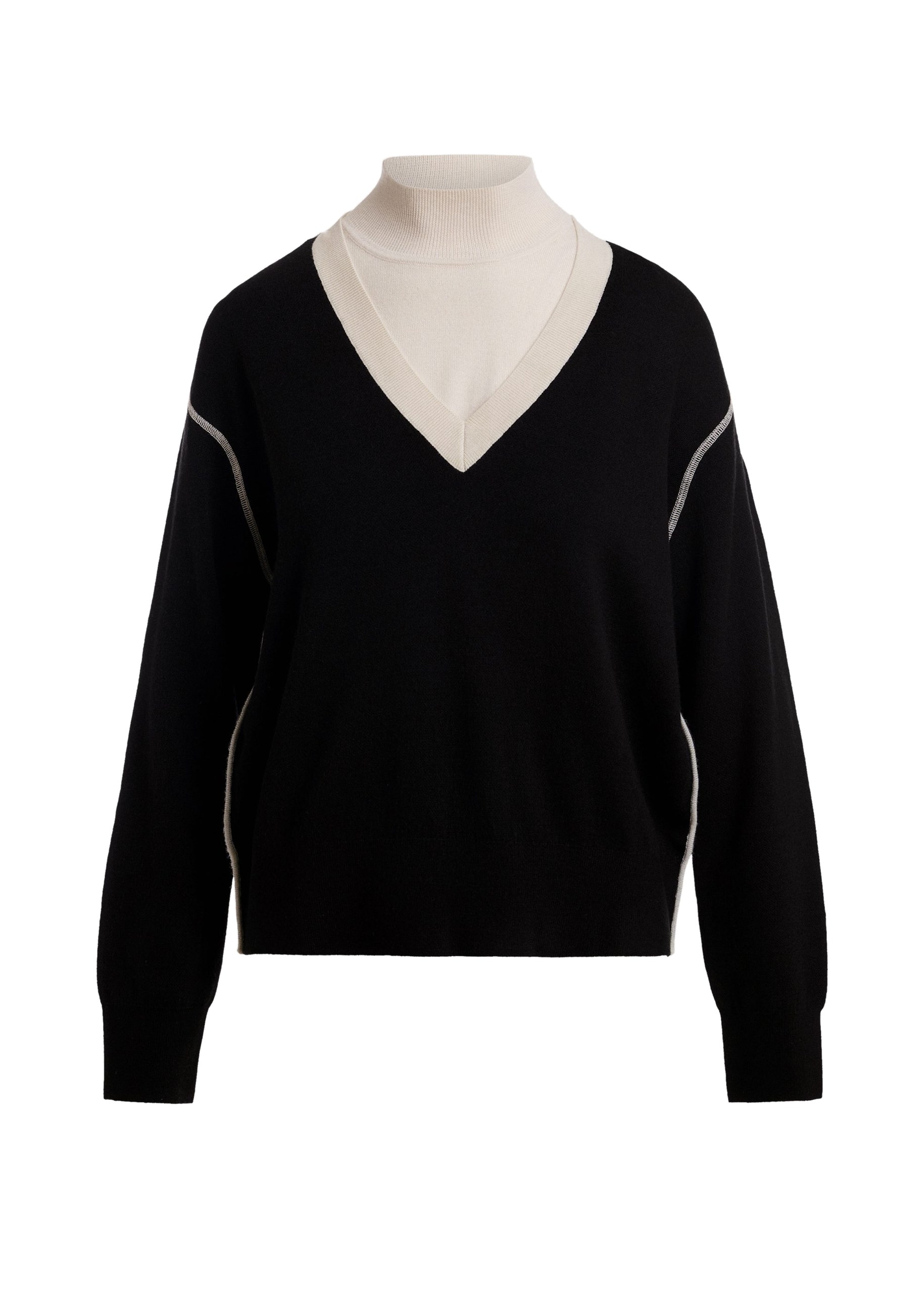 Essentiel Antwerp Black V-neck wool-blend sweater with off-white contrasting trims Black V-neck wool-blend sweater with off-white contrasting trims