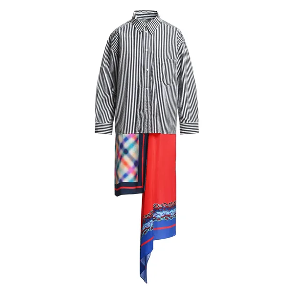 Black and off-white striped shirt dress with red and multicolor scarf hem