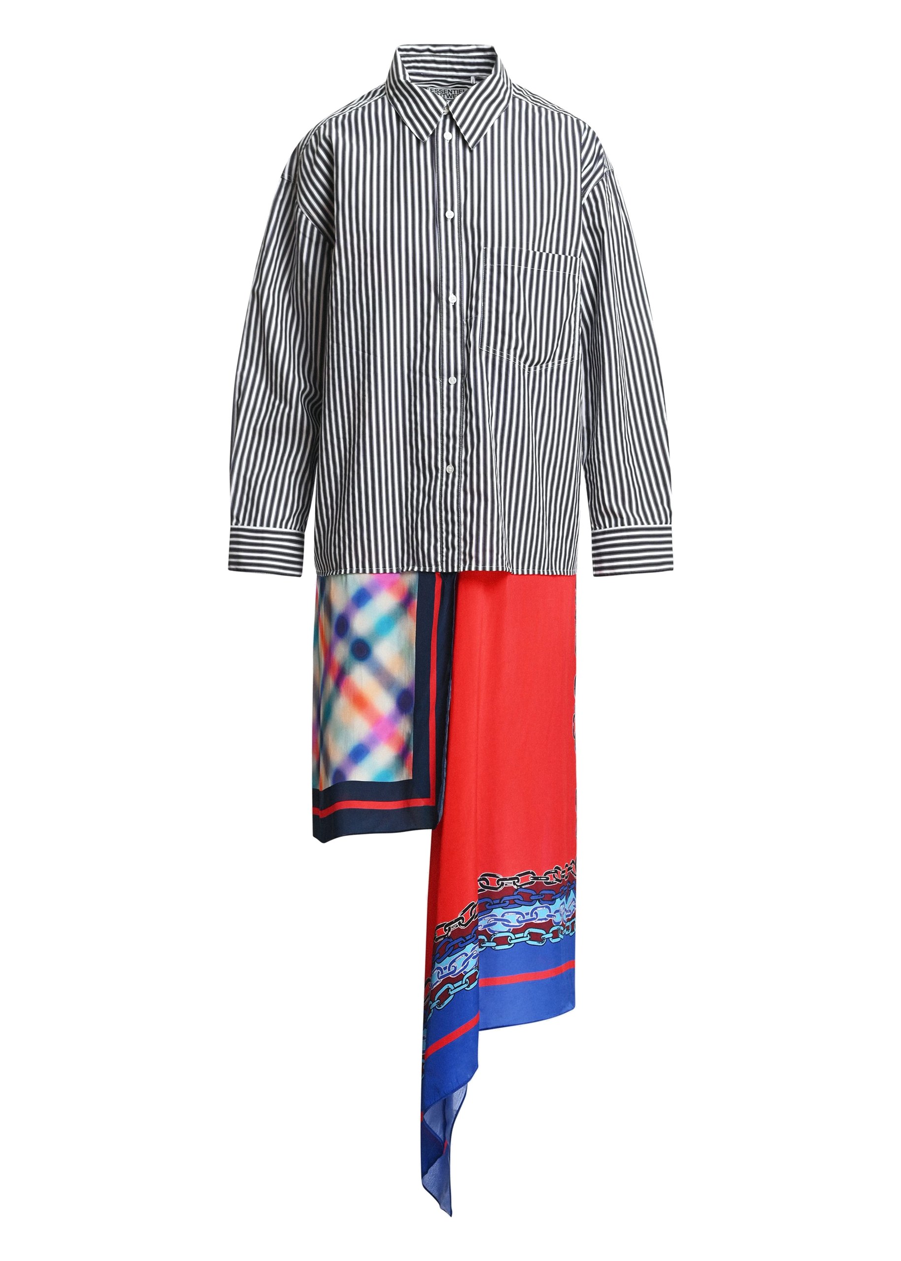 Essentiel Antwerp Black and off-white striped shirt dress with red and multicolor scarf hem Black and off-white striped shirt dress with red and multicolor scarf hem