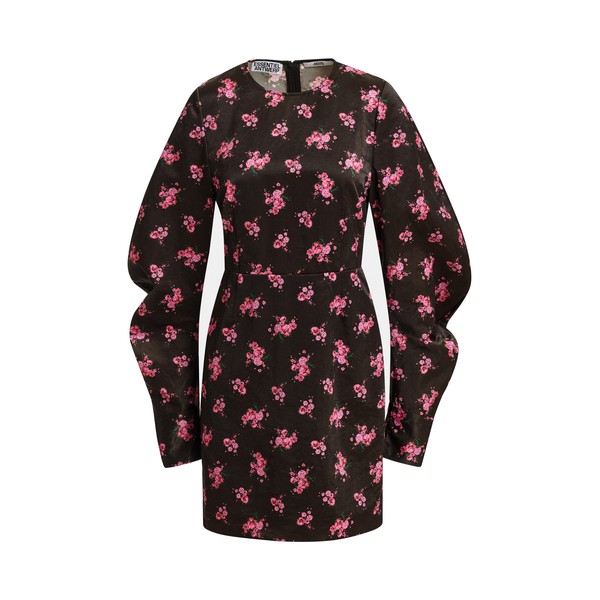 Black and pink floral mini dress with voluminous sleeves