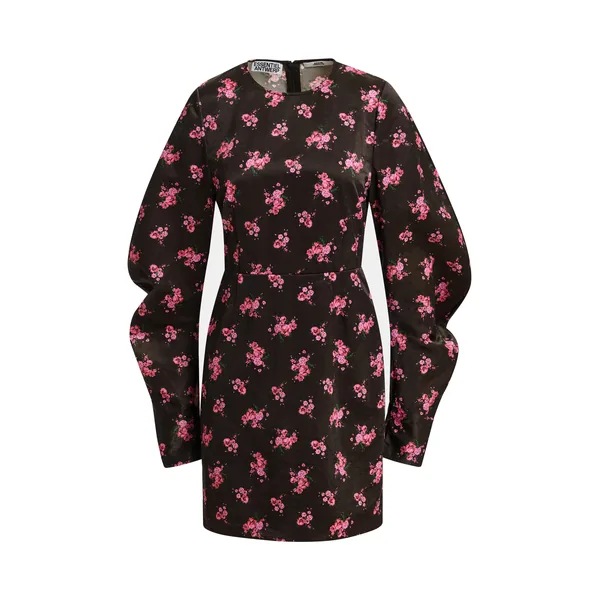 Black and pink floral mini dress with voluminous sleeves