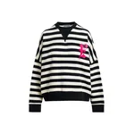 Black and white striped cotton sweatshirt with pink embroidery