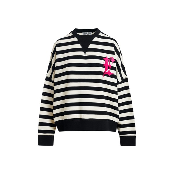 Black and white striped cotton sweatshirt with pink embroidery