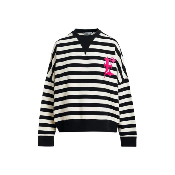 Black and white striped cotton sweatshirt with pink embroidery