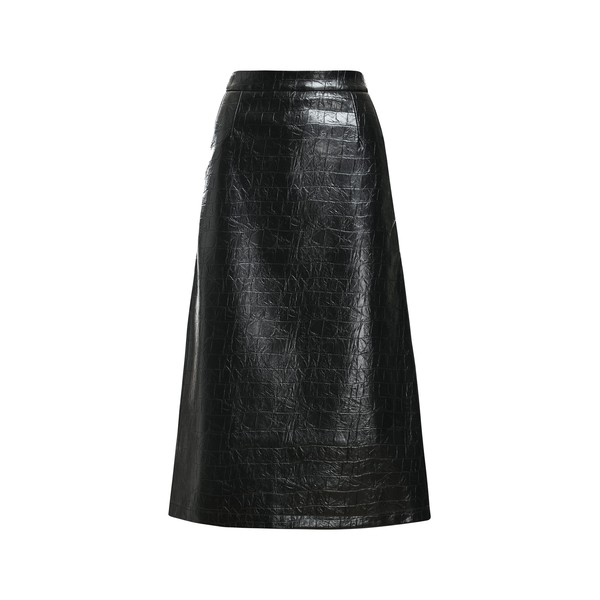 Black croco-effect faux leather midi skirt