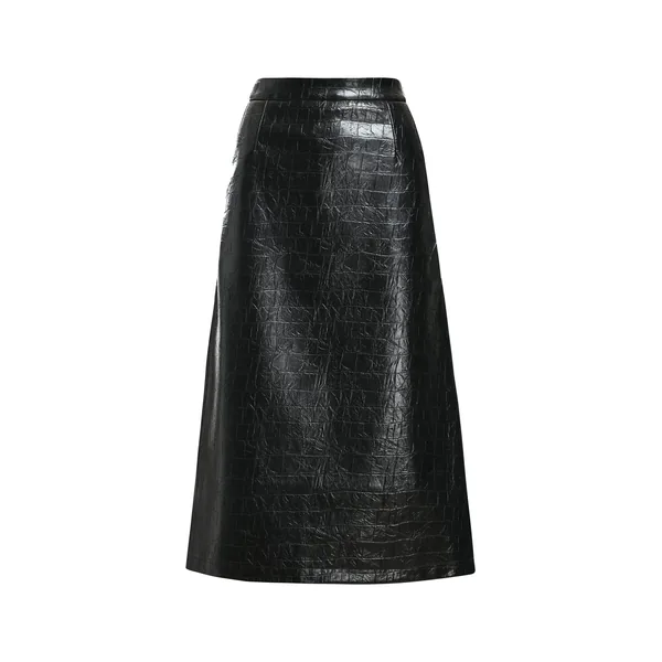 Black croco-effect faux leather midi skirt