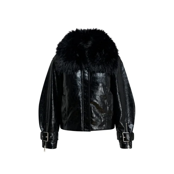 Black faux leather jacket with faux fur collar