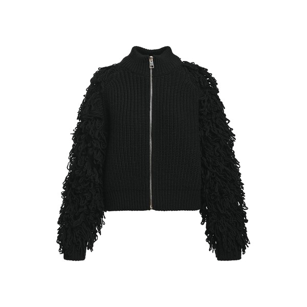 Black fringe-sleeve wool-blend cardigan