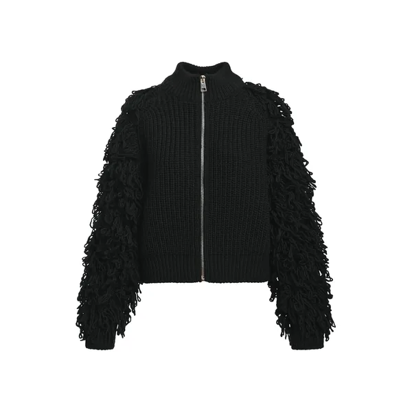 Black fringe-sleeve wool-blend cardigan