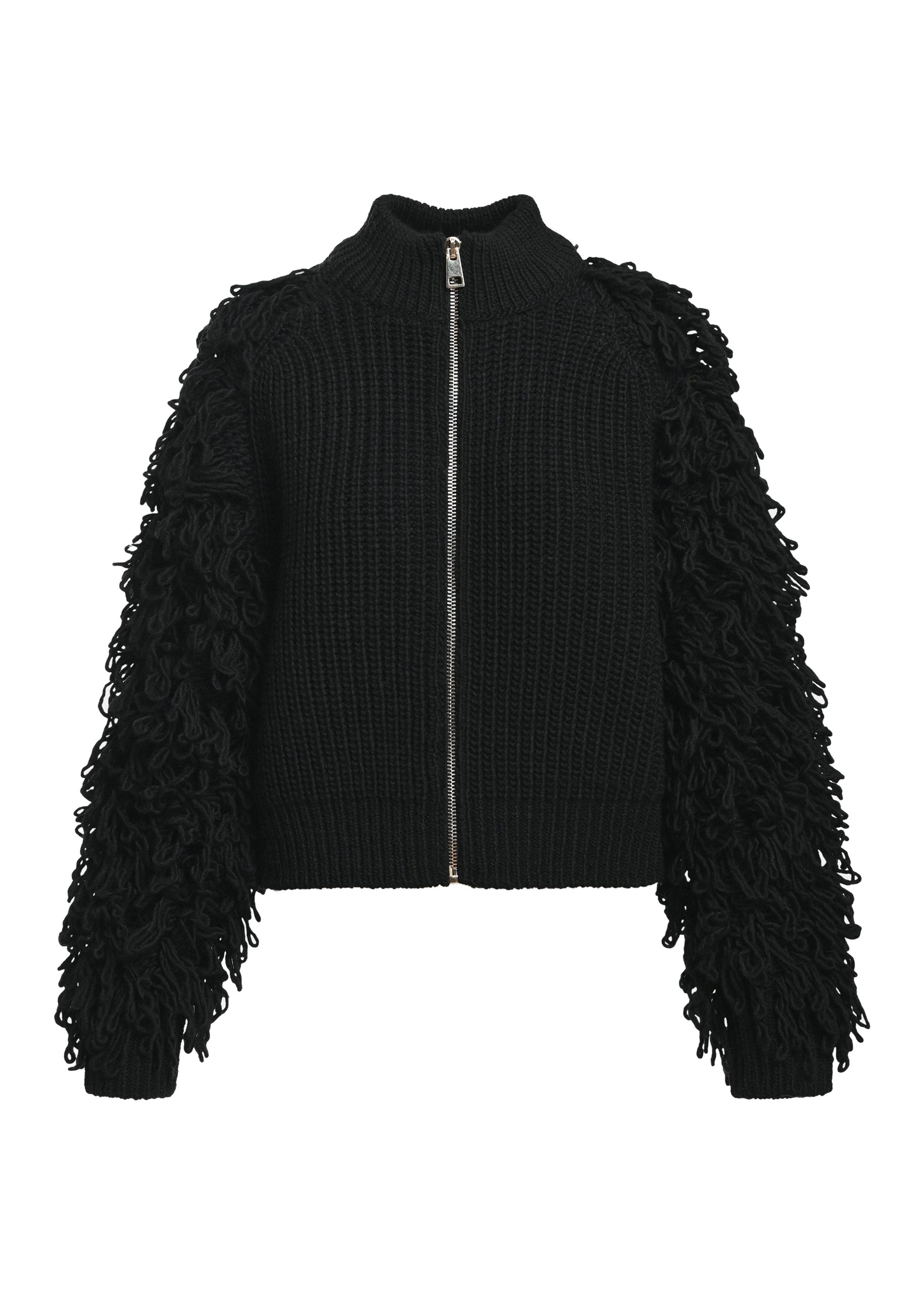 Essentiel Antwerp Black fringe-sleeve wool-blend cardigan Black fringe-sleeve wool-blend cardigan