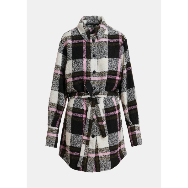 off-white and pink checked belted mini shirt dress