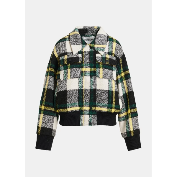 off-white and yellow checked bomber jacket with detachable faux fur collar