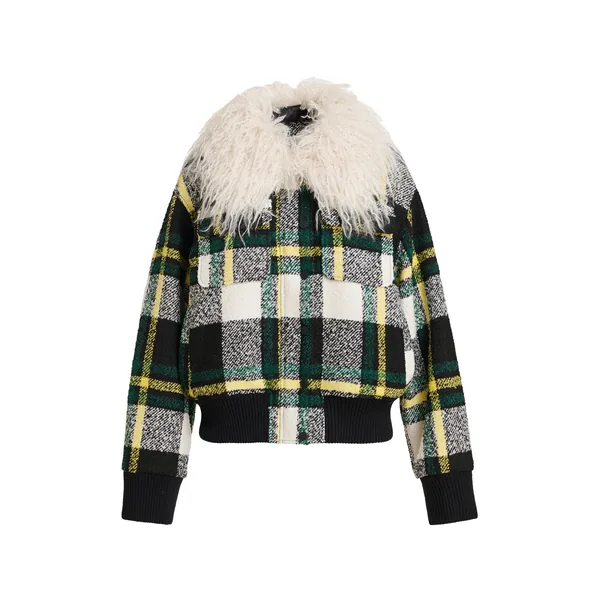 Black, off-white and yellow checked bomber jacket with detachable faux fur collar