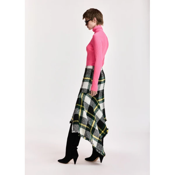 off-white and yellow checked draped pencil midi skirt