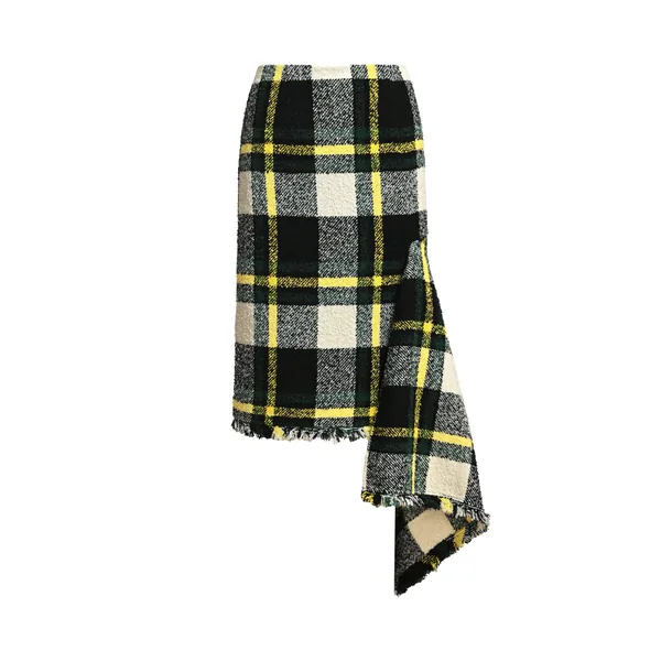Black, off-white and yellow checked draped pencil midi skirt