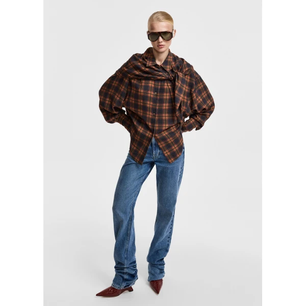 orange and red checked oversized shirt with detachable scarf
