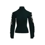 Black ribbed turtleneck sweater with white ruffle sleeves