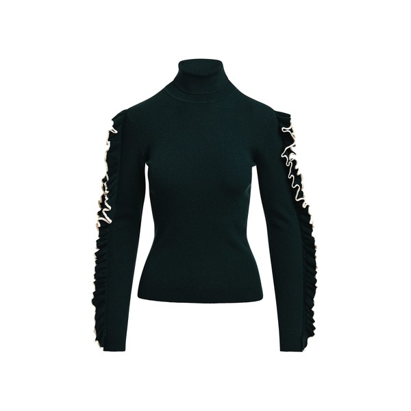Black ribbed turtleneck sweater with white ruffle sleeves