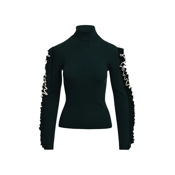 Black ribbed turtleneck sweater with white ruffle sleeves