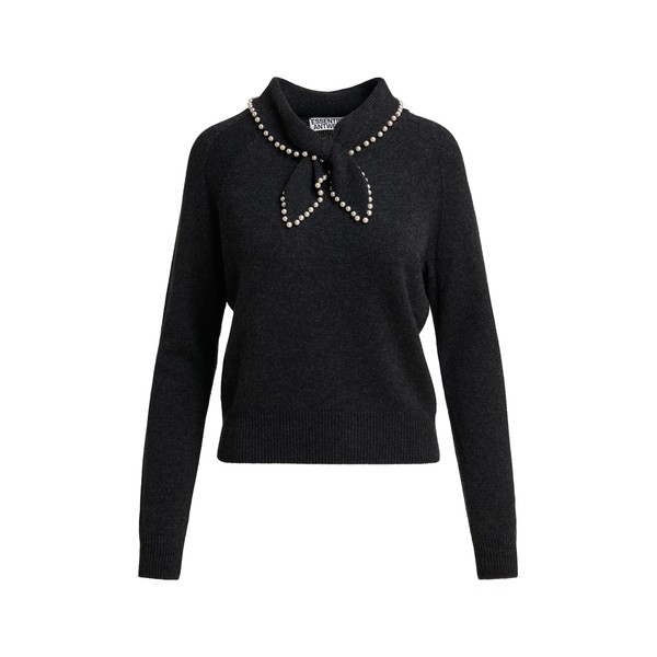 Black wool-cashmere sweater with pearl-embellished bow collar