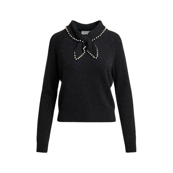 Black wool-cashmere sweater with pearl-embellished bow collar