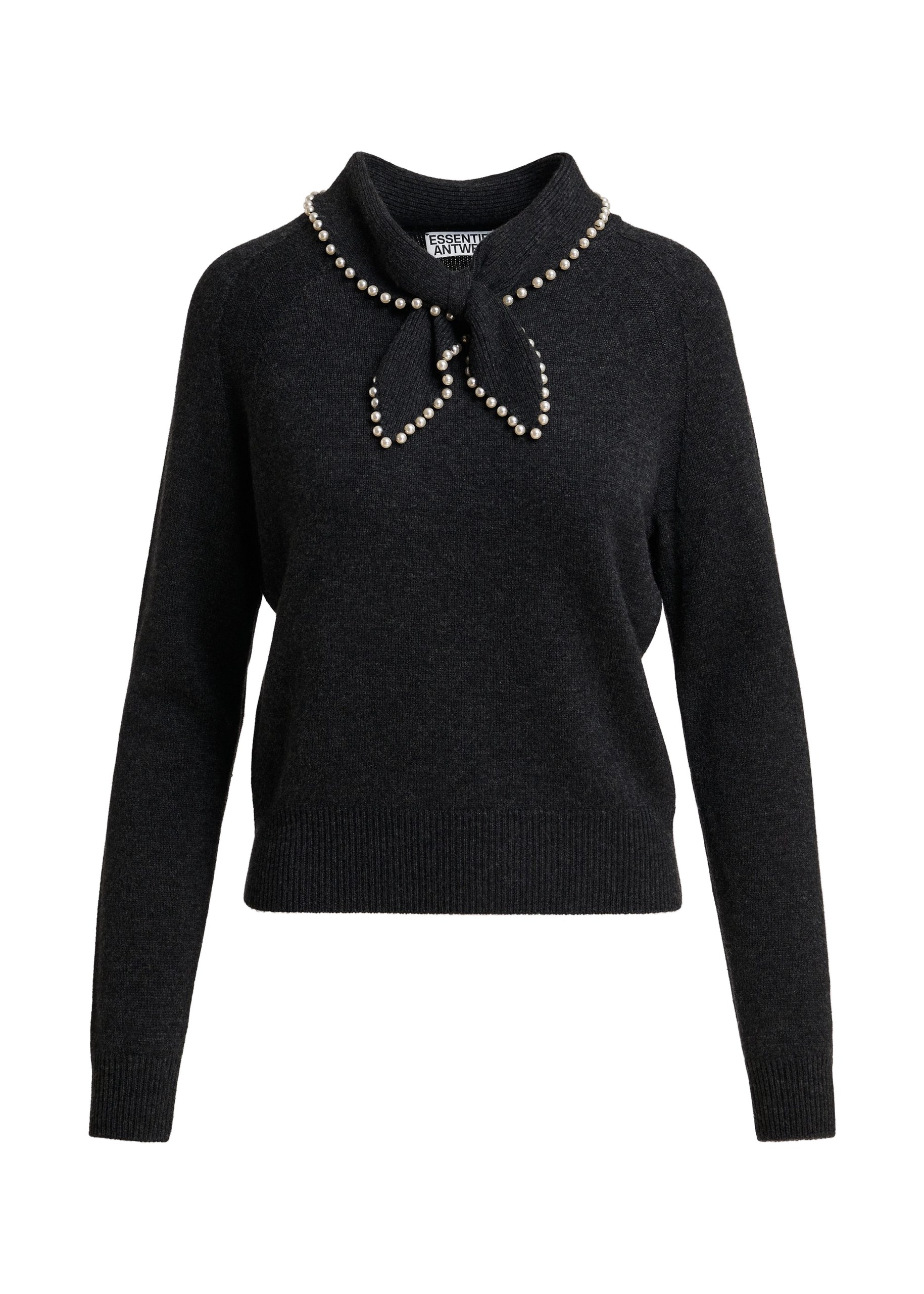 Essentiel Antwerp Black wool-cashmere sweater with pearl-embellished bow collar Black wool-cashmere sweater with pearl-embellished bow collar