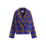 Blue and brown double-breasted checked knit cardigan