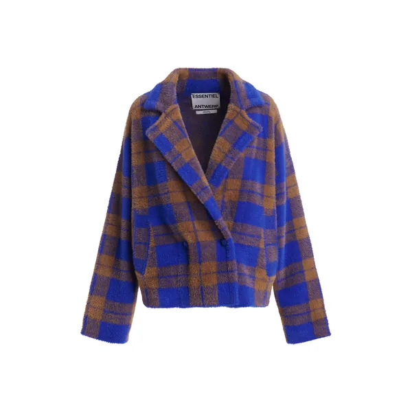Blue and brown double-breasted checked knit cardigan