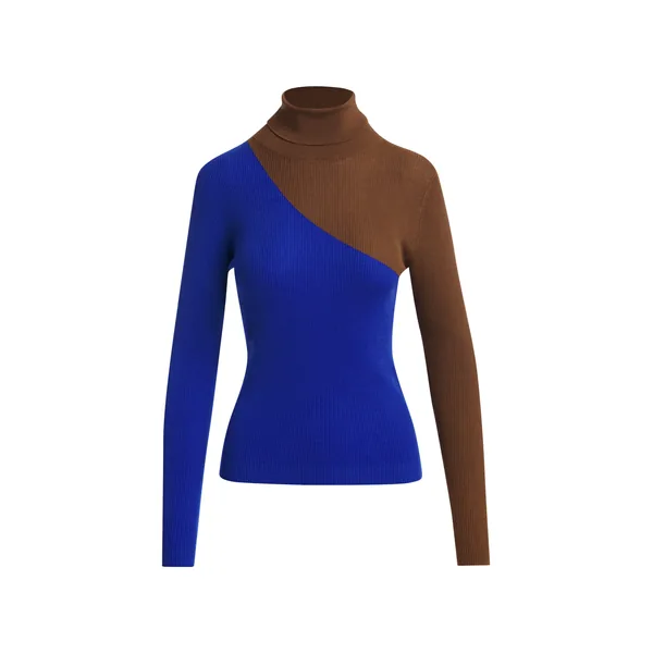 Blue and khaki two-tone wool-blend turtleneck sweater