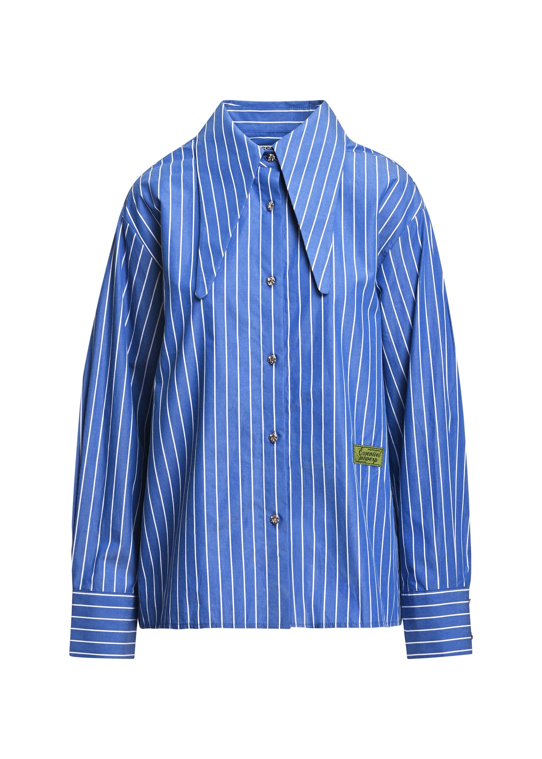 Essentiel Antwerp Blue and off-white striped cotton shirt with elongated collar Blue and off-white striped cotton shirt with elongated collar