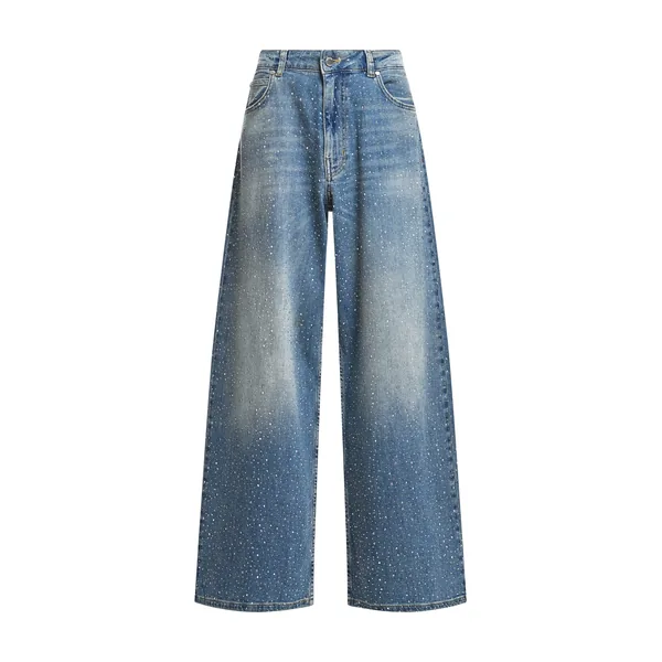 Blue rhinestone-embellished wide-leg jeans