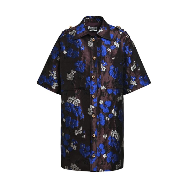 Brown and blue floral jacquard mini shirt dress
