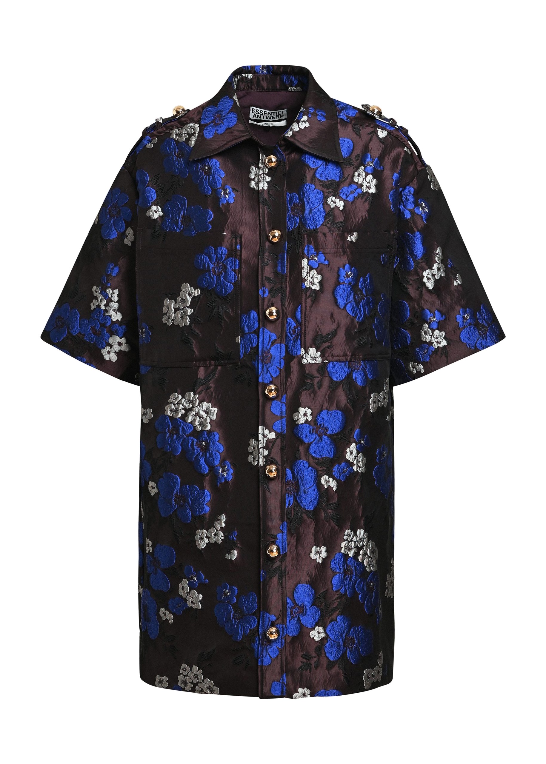 Essentiel Antwerp Brown and blue floral jacquard mini shirt dress Brown and blue floral jacquard mini shirt dress