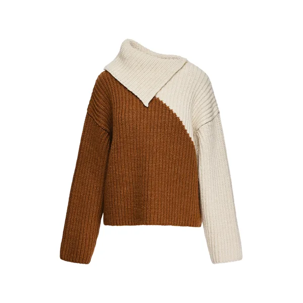 Brown and off-white two-tone wool-blend sweater with oversized collar