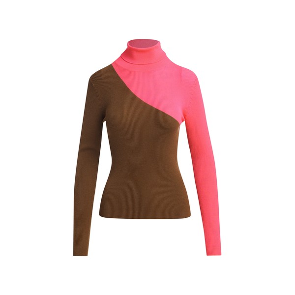Brown and pink two-tone wool-blend turtleneck sweater