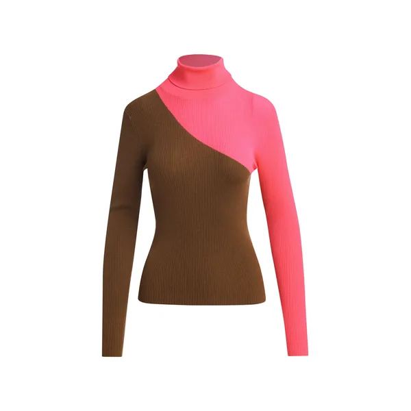 Brown and pink two-tone wool-blend turtleneck sweater