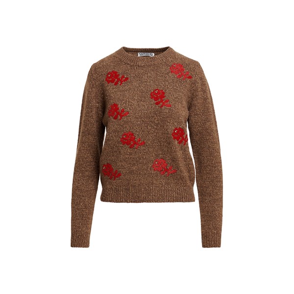 Brown and red floral jacquard wool sweater