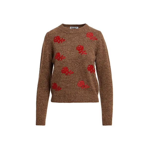 Brown and red floral jacquard wool sweater