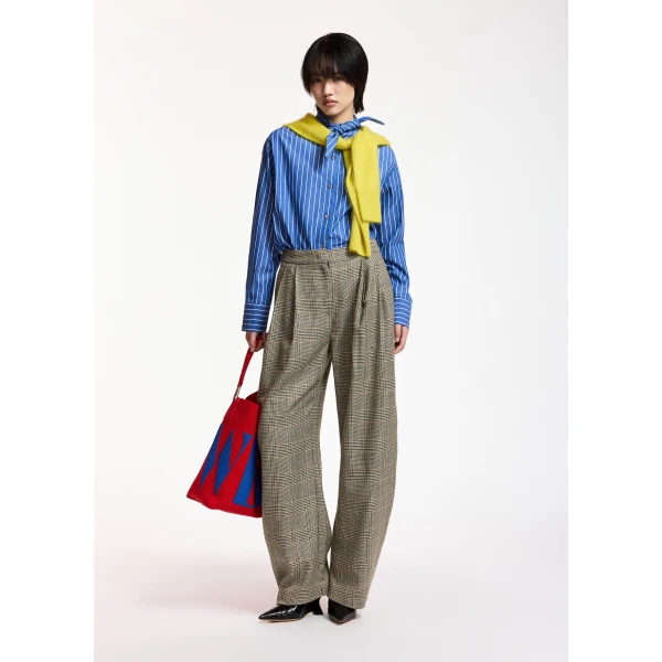 black and cream checked barrel-leg pants