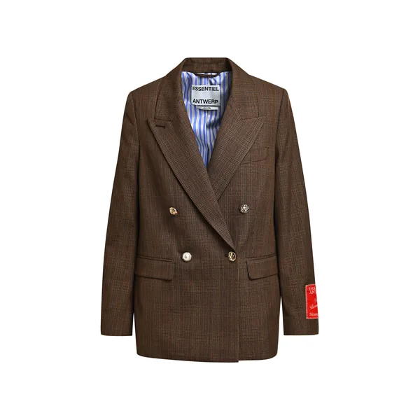 Brown, black and cream checked double-breasted blazer