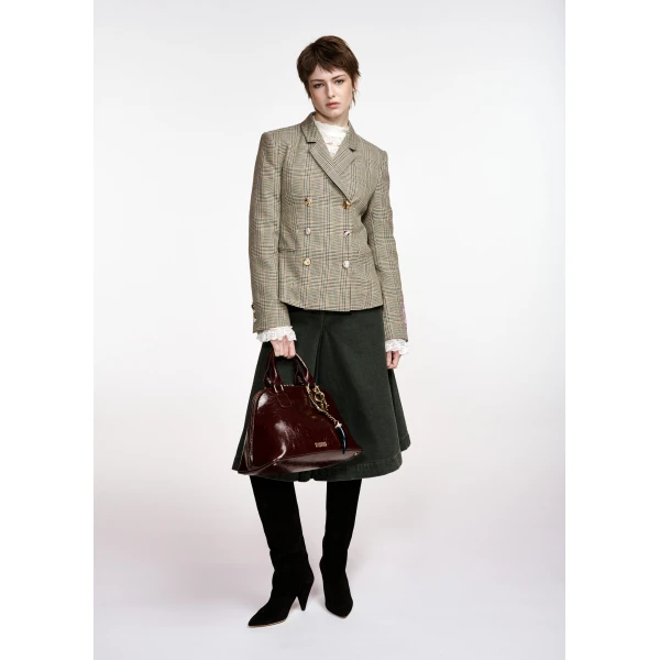 black and cream checked double-breasted fitted blazer