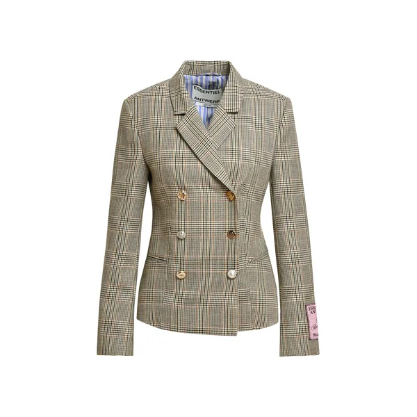 Brown, black and cream checked double-breasted fitted blazer