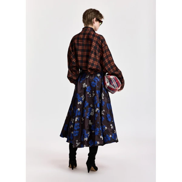 cobalt blue and off-white floral jacquard circle midi skirt