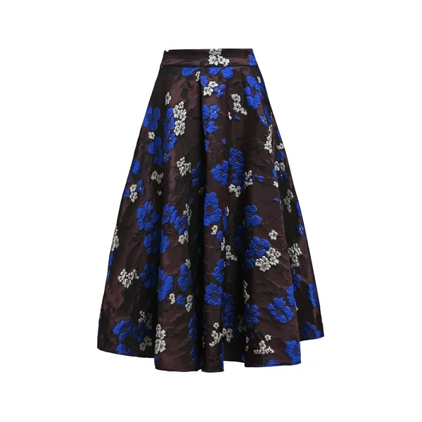 Brown, cobalt blue and off-white floral jacquard circle midi skirt