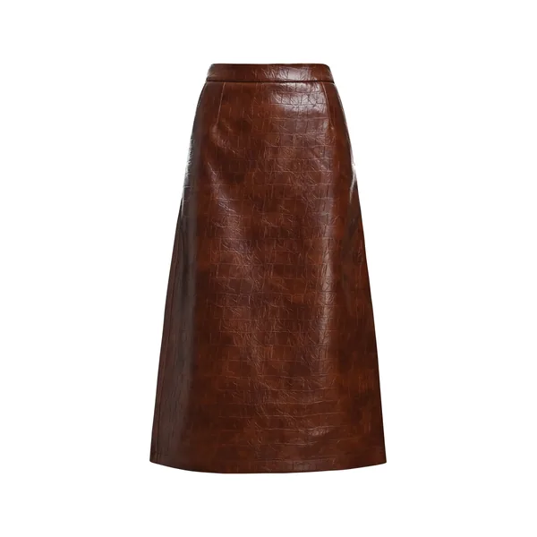 Brown croco-effect faux leather midi skirt
