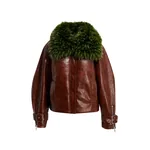 Brown faux leather jacket with green faux fur collar