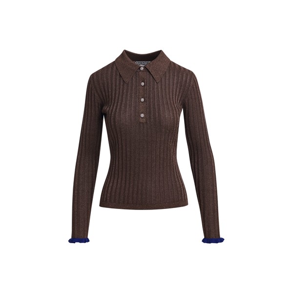 Brown metallic ribbed polo top