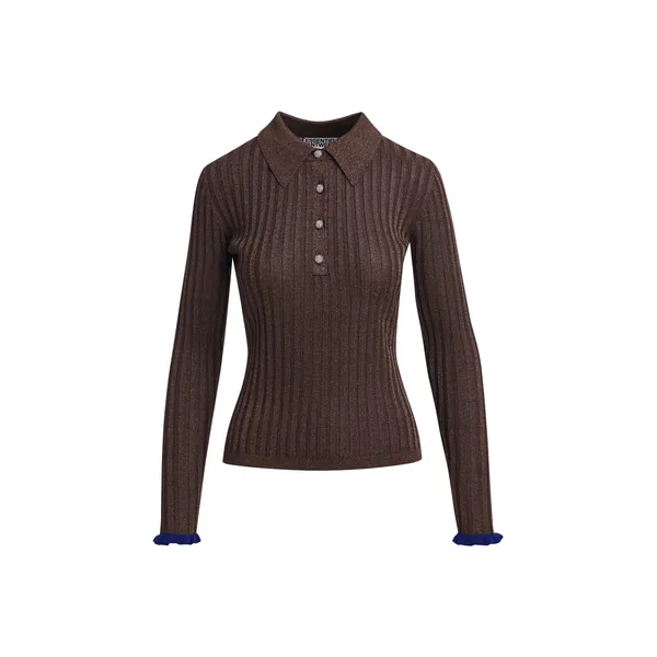 Brown metallic ribbed polo top