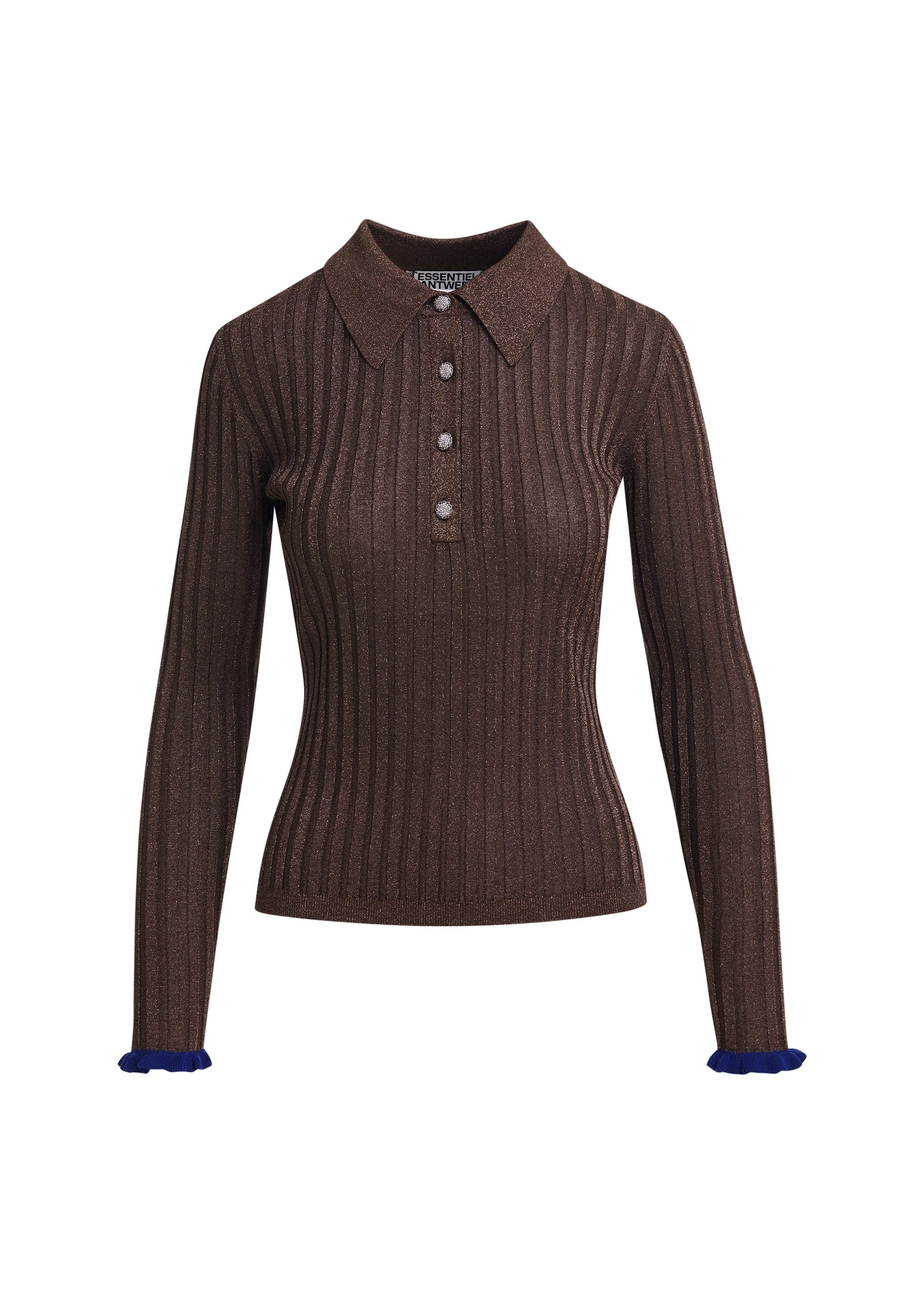 Essentiel Antwerp Brown metallic ribbed polo top Brown metallic ribbed polo top