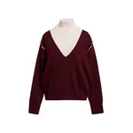 Burgundy V-neck wool-blend sweater with off-white contrasting trims
